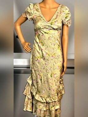 Lait Collection Dress Green Brocade Crinkle Fabric with Delicate Lace, XS